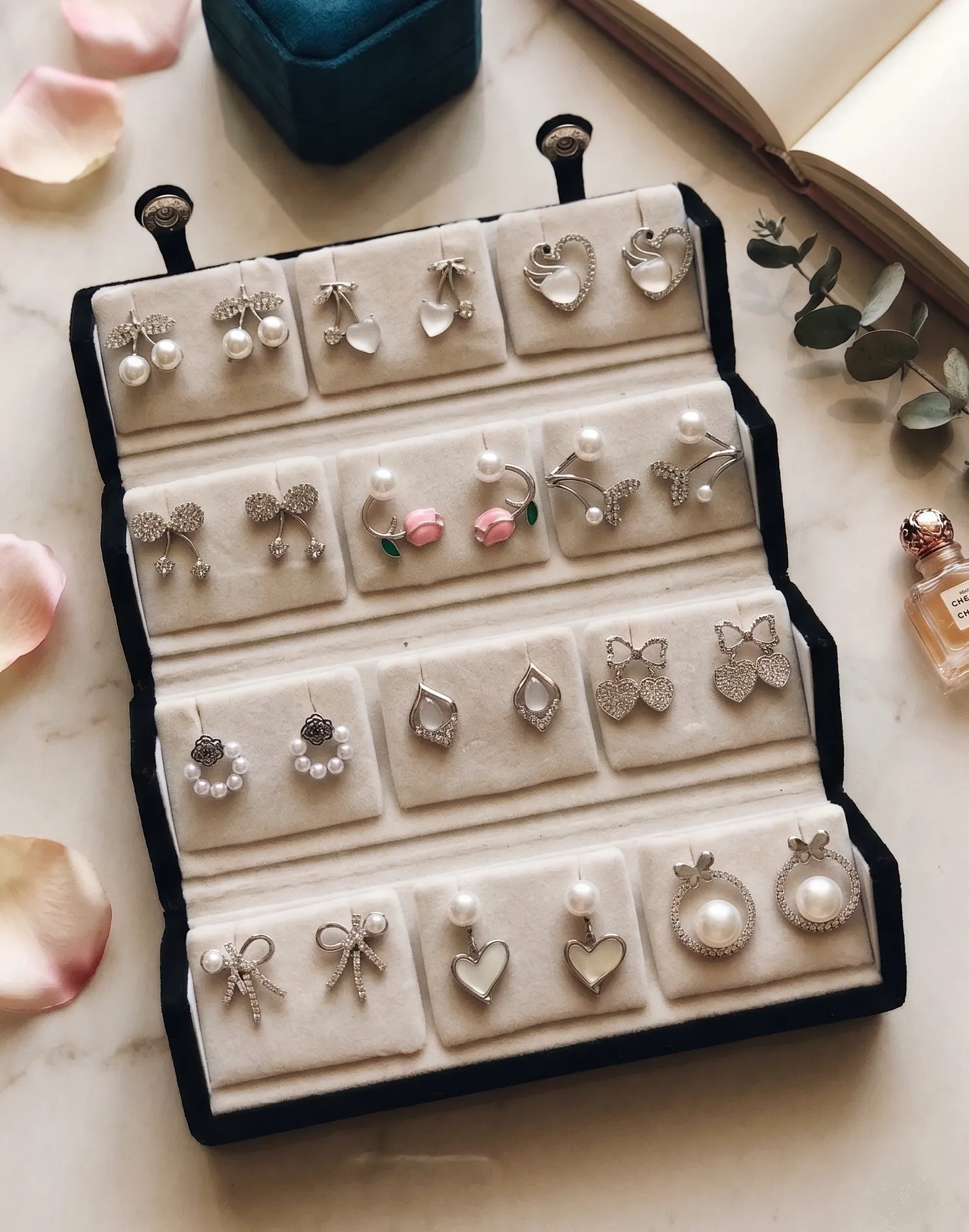 12-Pair Curated Korean Fashion Earring Gift Set 3 Curated 12-pair gold and pearl fashion earring collection displayed in an open black velvet four-tier jewelry travel organizer roll