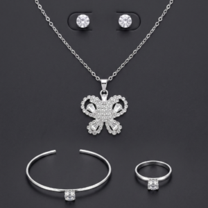 Jewelry Set, Butterfly Necklace, Crystal Earrings, Silver Bangle, Solitaire Ring, Fashion Jewelry, Women Accessories, Gift for Her, Rhinestone Set, 4 Piece Set, Party Jewelry, Formal Jewelry