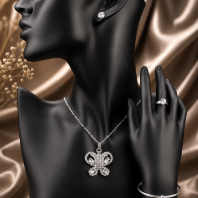 Silver 4-piece jewelry set featuring a crystal butterfly necklace, stud earrings, solitaire ring, and a single-stone open bangle