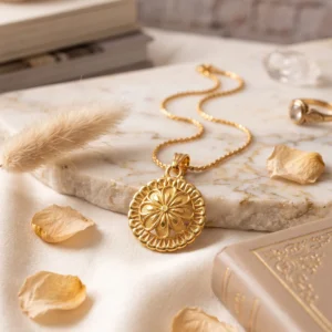 gold tone floral medallion pendant necklace featuring intricate filigree work