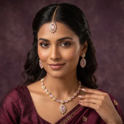 Gold-plated jewelry set on a beige velvet mannequin, featuring a linked necklace, drop earrings, and a pendant, all adorned with lavender marquise stones and clear crystal halos