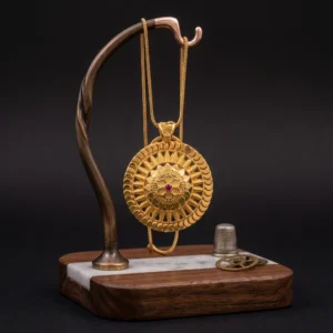 Round gold pendant necklace with ornate medallion design