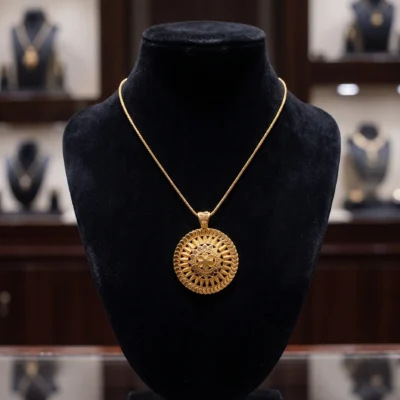 Round gold pendant necklace with ornate medallion design