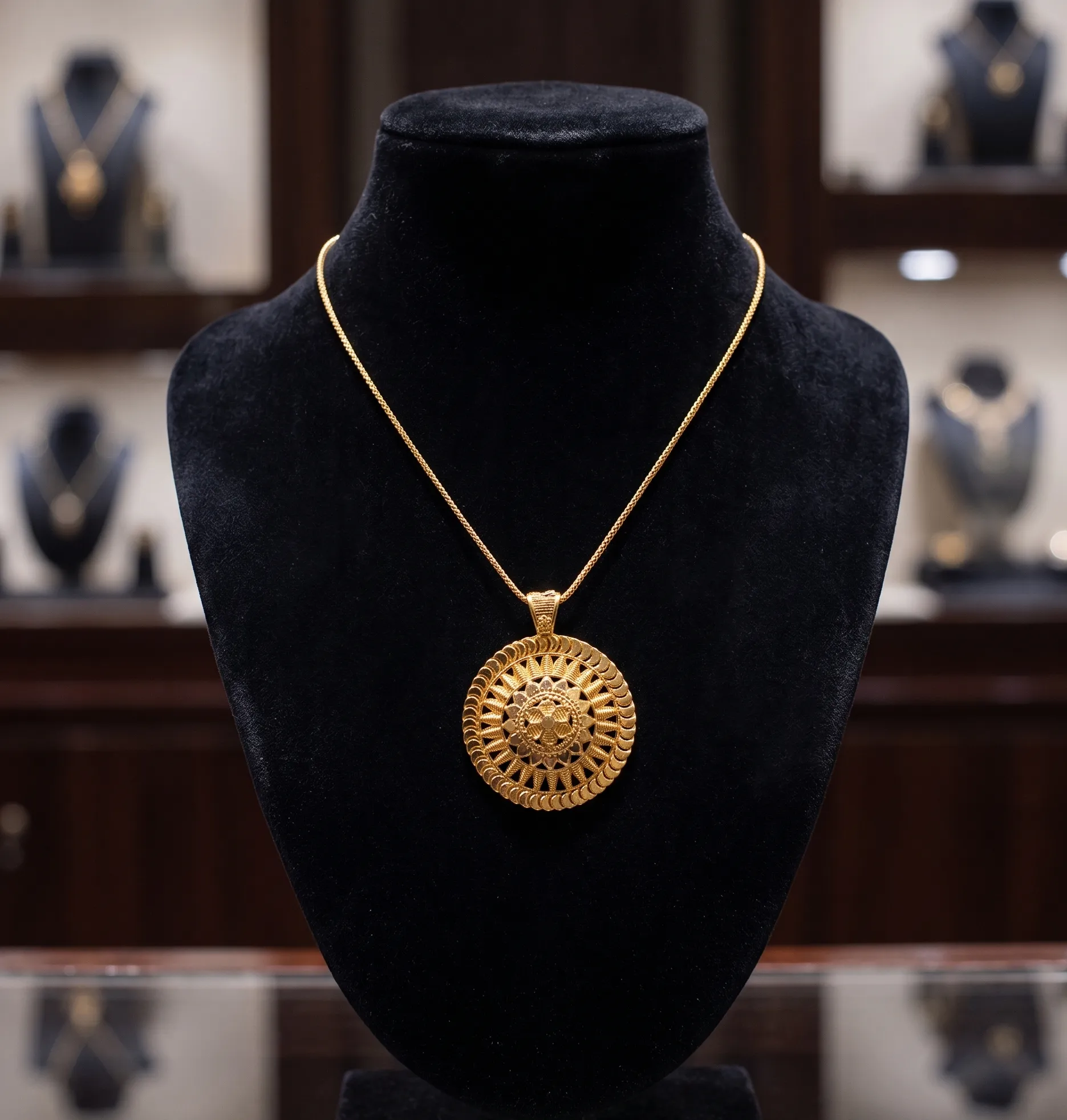 Exquisite Traditional Gold Sunburst Floral Pendant 2 Round gold pendant necklace with ornate medallion design