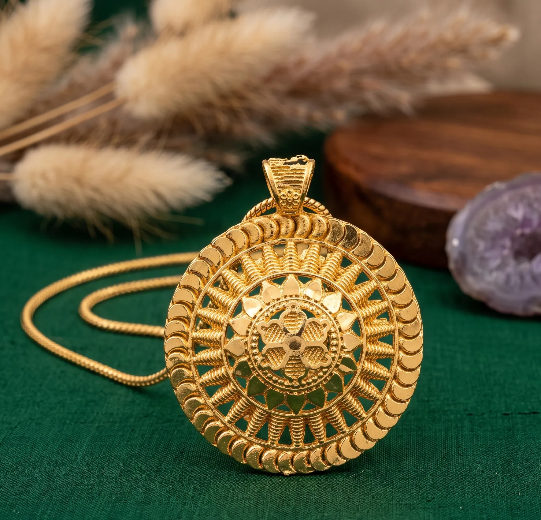 Exquisite Traditional Gold Sunburst Floral Pendant 3 Round gold pendant necklace with ornate medallion design