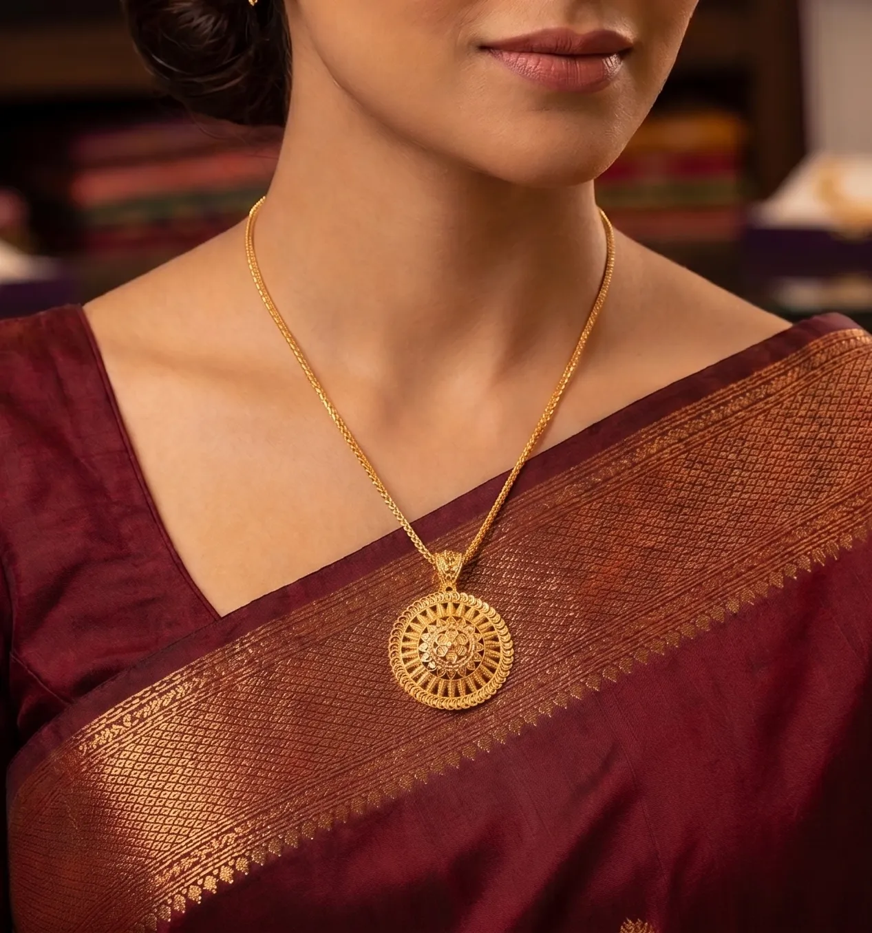 Exquisite Traditional Gold Sunburst Floral Pendant 4 Round gold pendant necklace with ornate medallion design