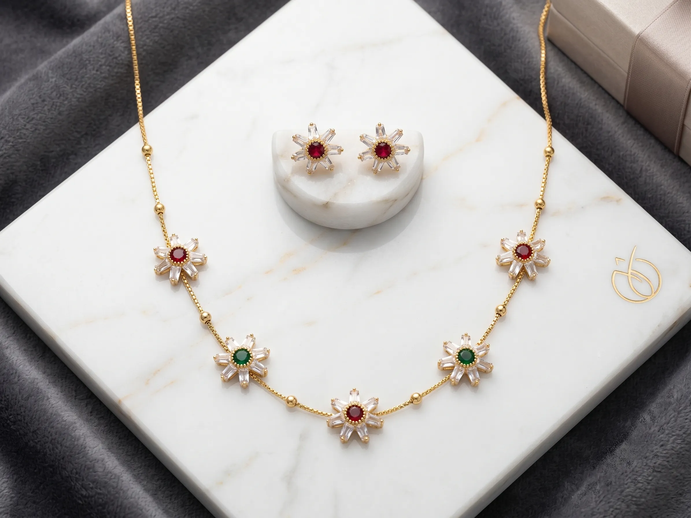 Floral Gold-Plated Necklace Set with Ruby &_ Emerald Color Stones 2 Gold-tone necklace set featuring floral pendants with white, red, and green stones alongside matching stud earrings
