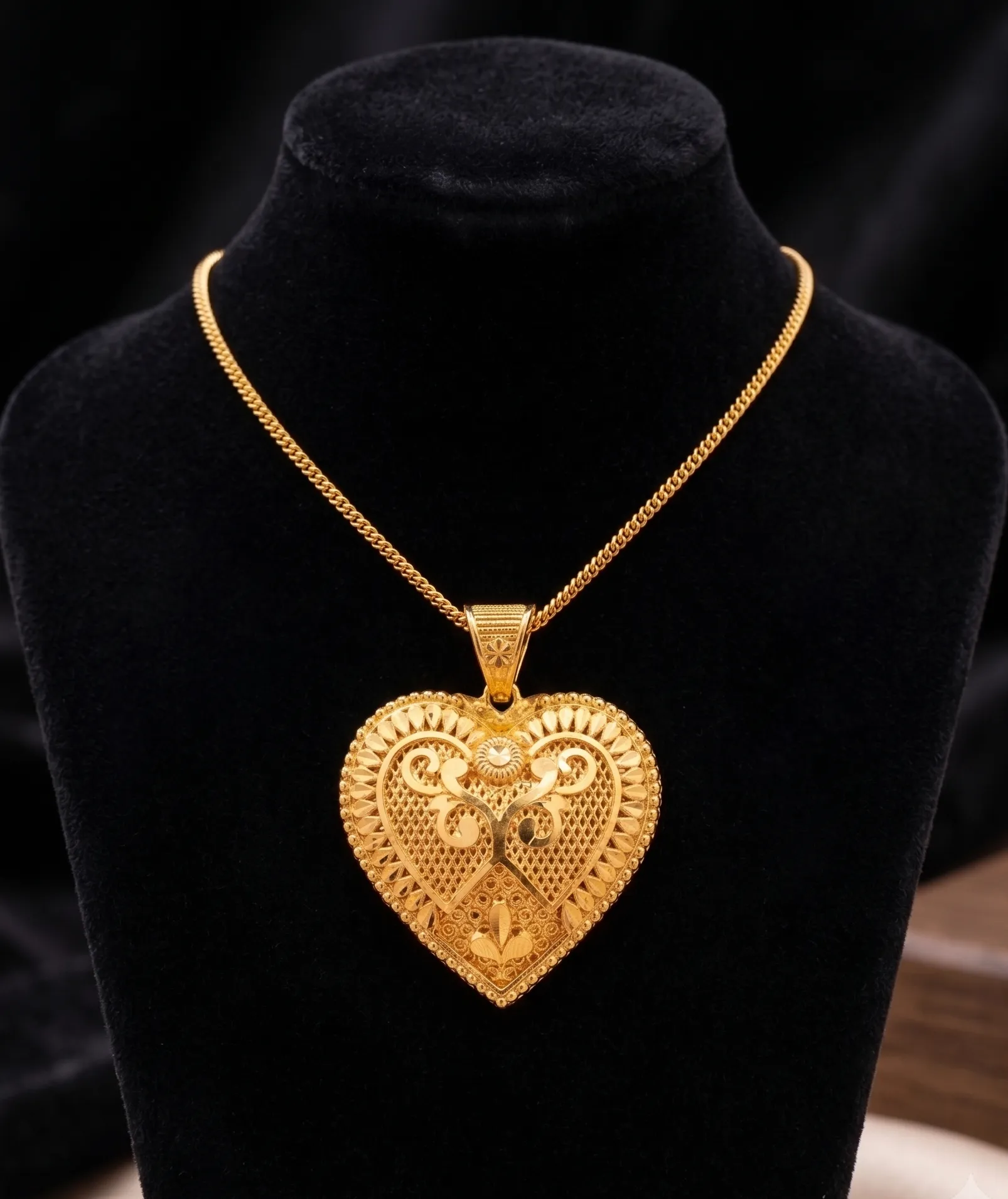 Ornate Gold Filigree Heart Pendant Necklace 3 gold heart pendant necklace with intricate filigree design