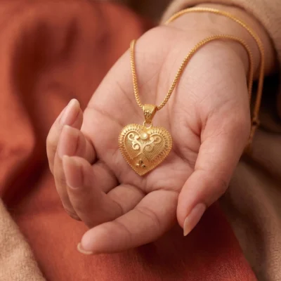 gold heart pendant necklace with intricate filigree design