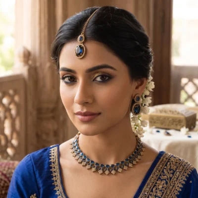 Antique gold-plated traditional Indian choker necklace set featuring deep royal blue stones, accompanied by matching drop earrings and a maang tikka