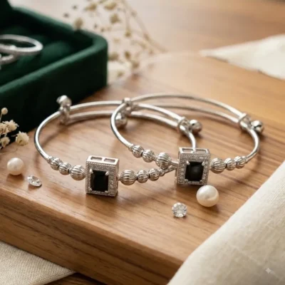 Designer silver bangle jewelry with black gemstone for women