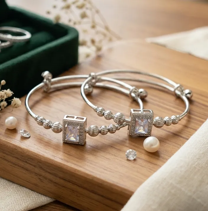 Silver Adjustable Crystal Stone Kada Bracelet 1 Silver adjustable kada bracelet with crystal stone and decorative silver beads