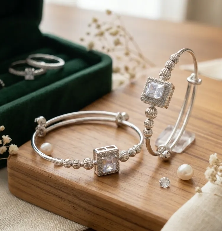 Silver Adjustable Crystal Stone Kada Bracelet 2 Silver adjustable kada bracelet with crystal stone and decorative silver beads