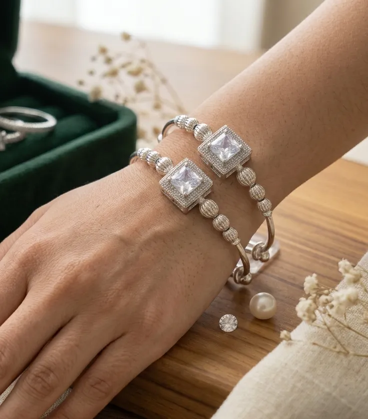 Silver Adjustable Crystal Stone Kada Bracelet 3 Silver adjustable kada bracelet with crystal stone and decorative silver beads