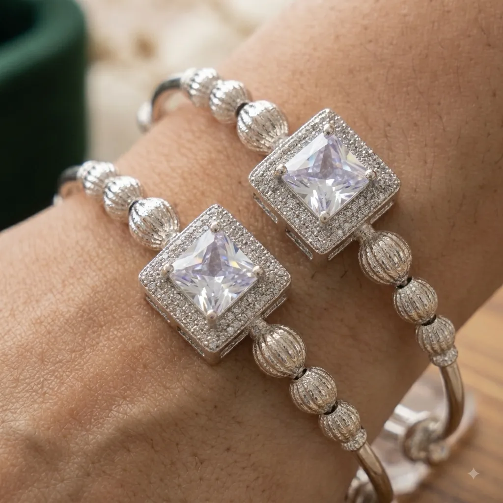 Silver Adjustable Crystal Stone Kada Bracelet 4 Silver adjustable kada bracelet with crystal stone and decorative silver beads