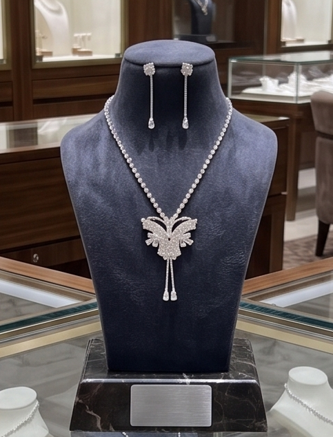 Silver Crystal Butterfly Necklace &_ Earring Set 1 Silver-tone crystal butterfly pendant necklace with matching rhinestone drop earrings held in a hand