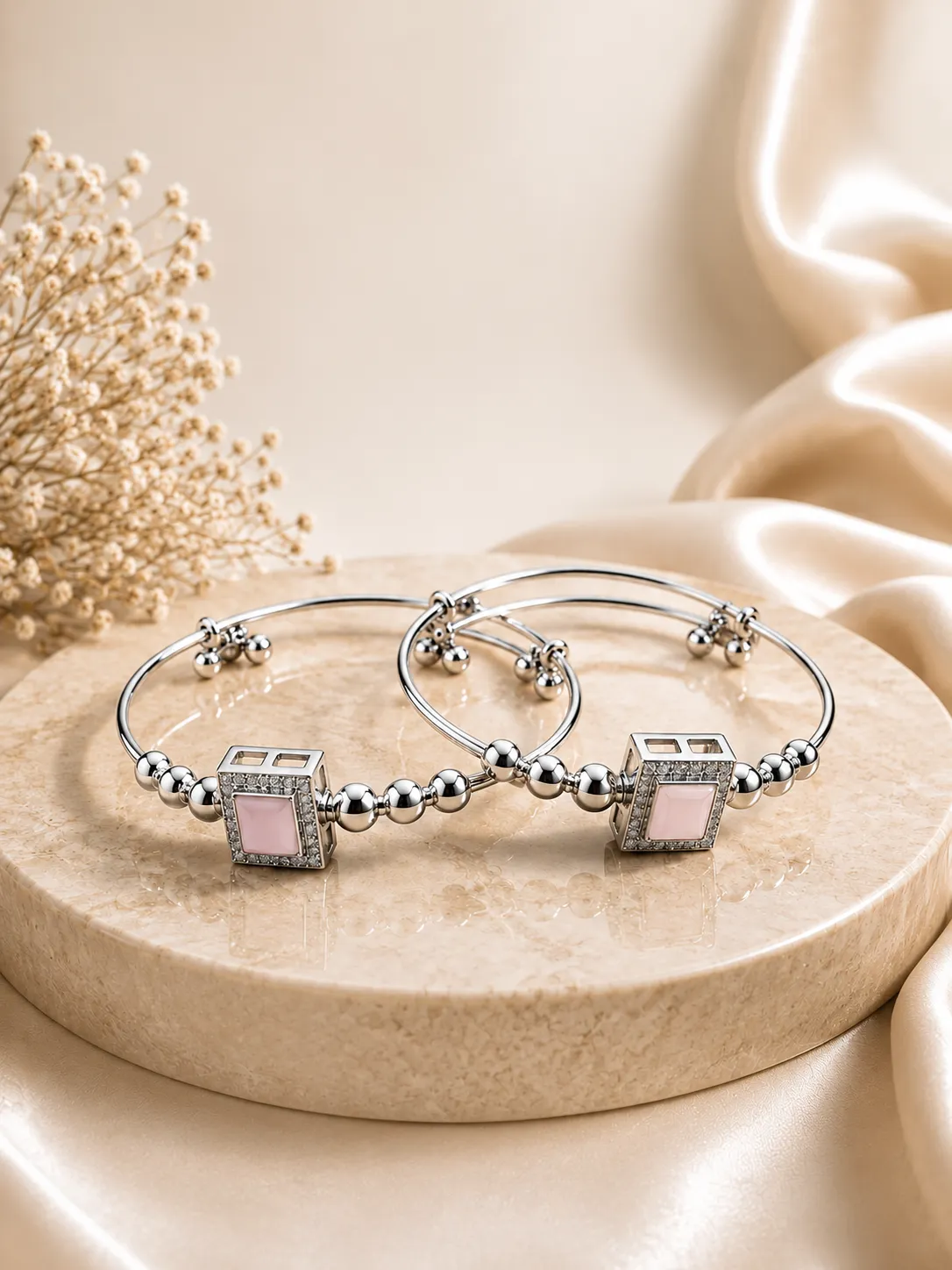 Silver Pink Stone Adjustable Kada Bracelet 1 Silver adjustable kada bracelet with pink square gemstone and decorative silver beads