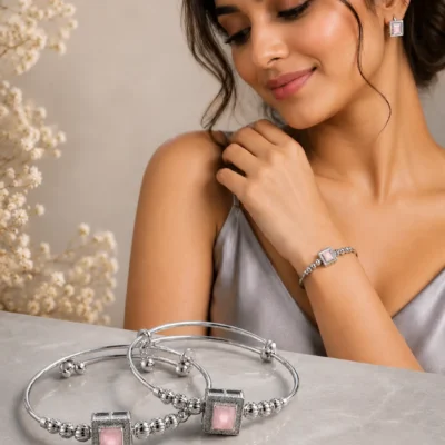 Silver adjustable kada bracelet with pink square gemstone and decorative silver beads