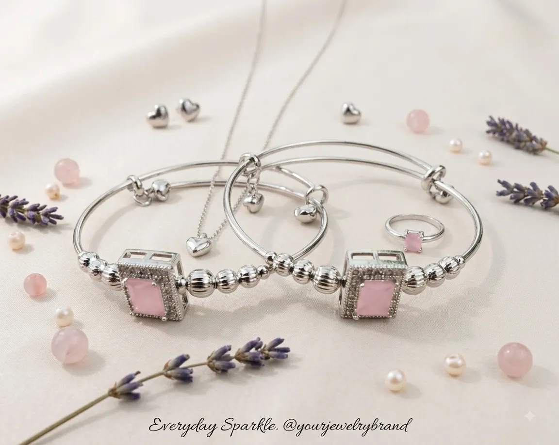Silver Pink Stone Adjustable Kada Bracelet 3 Silver adjustable kada bracelet with pink square gemstone and decorative silver beads