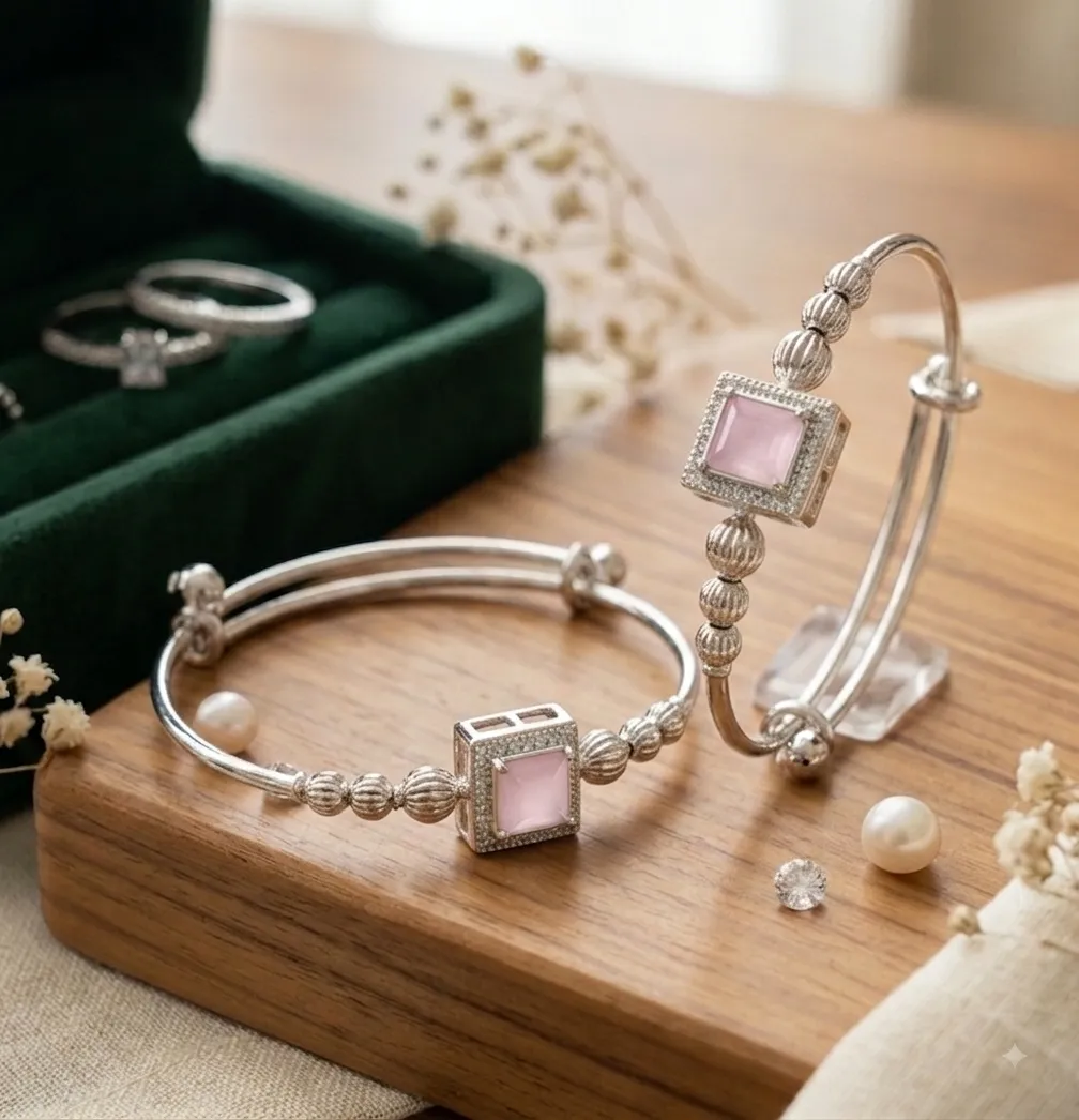 Silver Pink Stone Adjustable Kada Bracelet 4 Silver adjustable kada bracelet with pink square gemstone and decorative silver beads