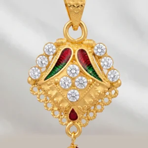 Gold pendant necklace with multicolor details and red bead drop