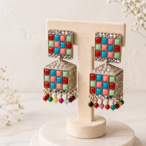 Premium colorful mosaic statement jhumka earrings by Manadh Jewels featuring geometric square studs, cube-shaped danglers, multicolor stone detailing, and traditional handcrafted ethnic design