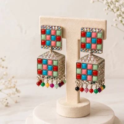 Premium colorful mosaic statement jhumka earrings by Manadh Jewels featuring geometric square studs, cube-shaped danglers, multicolor stone detailing, and traditional handcrafted ethnic design