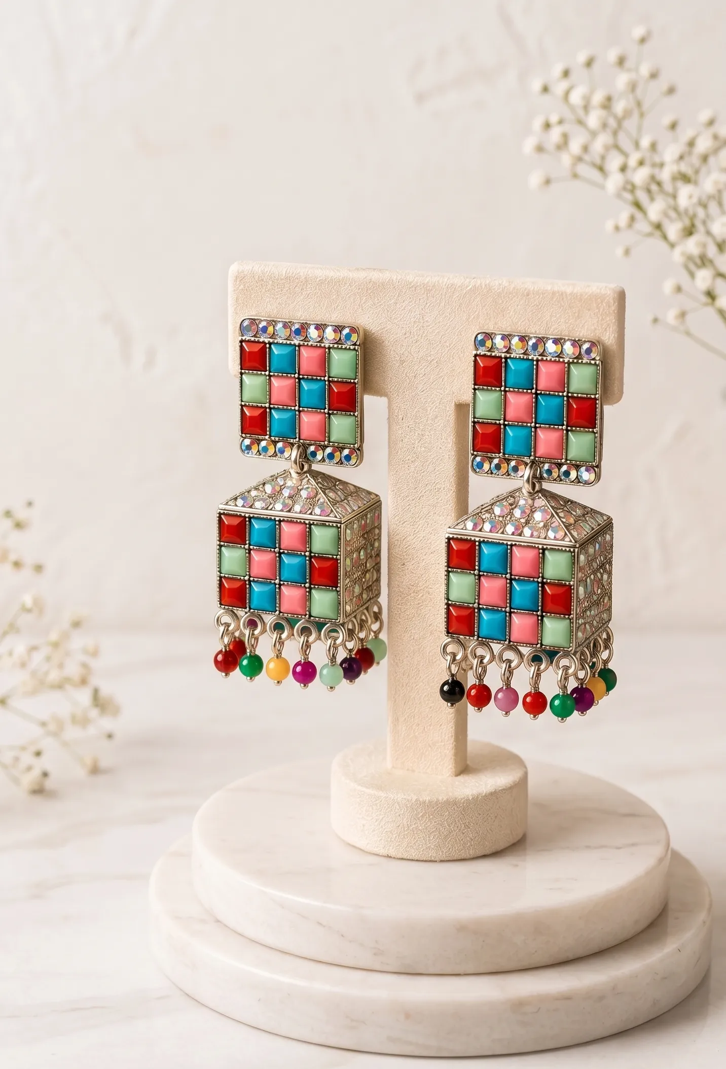 Vibrant Mosaic Multicolor Statement Jhumka Earrings 1 Premium colorful mosaic statement jhumka earrings by Manadh Jewels featuring geometric square studs, cube-shaped danglers, multicolor stone detailing, and traditional handcrafted ethnic design
