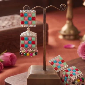 Premium colorful mosaic statement jhumka earrings by Manadh Jewels featuring geometric square studs, cube-shaped danglers, multicolor stone detailing, and traditional handcrafted ethnic design