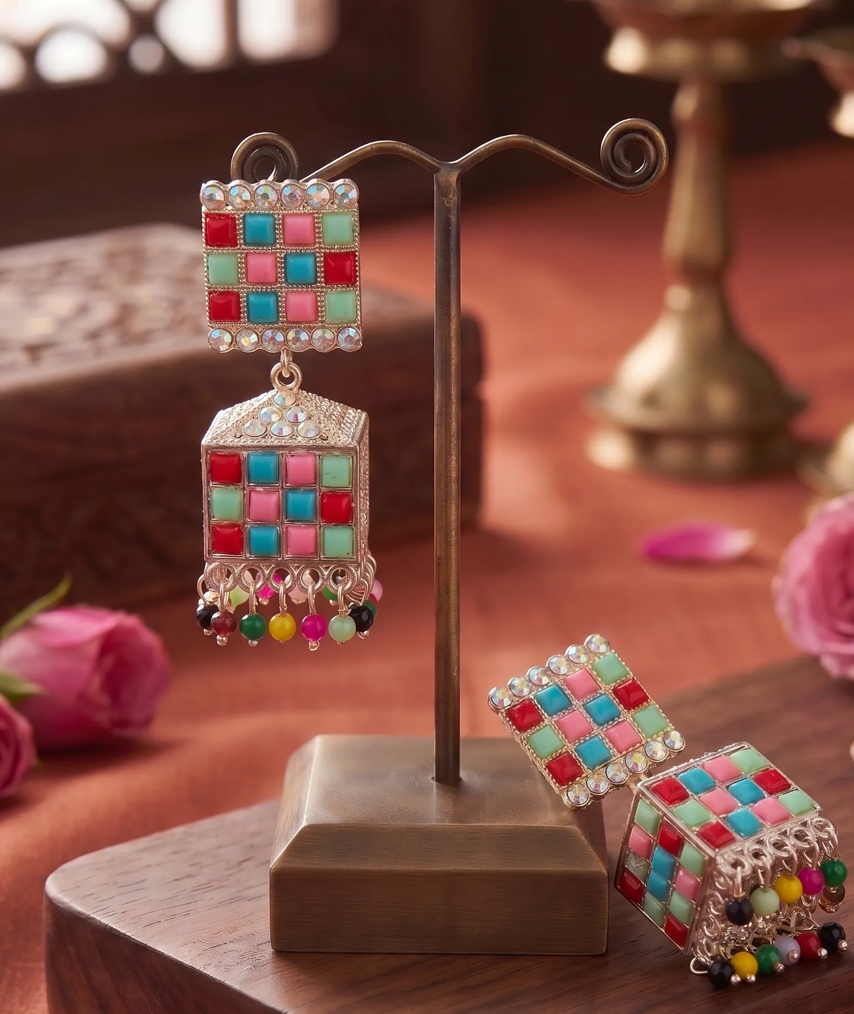 Vibrant Mosaic Multicolor Statement Jhumka Earrings 2 Premium colorful mosaic statement jhumka earrings by Manadh Jewels featuring geometric square studs, cube-shaped danglers, multicolor stone detailing, and traditional handcrafted ethnic design