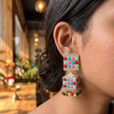 Premium colorful mosaic statement jhumka earrings by Manadh Jewels featuring geometric square studs, cube-shaped danglers, multicolor stone detailing, and traditional handcrafted ethnic design