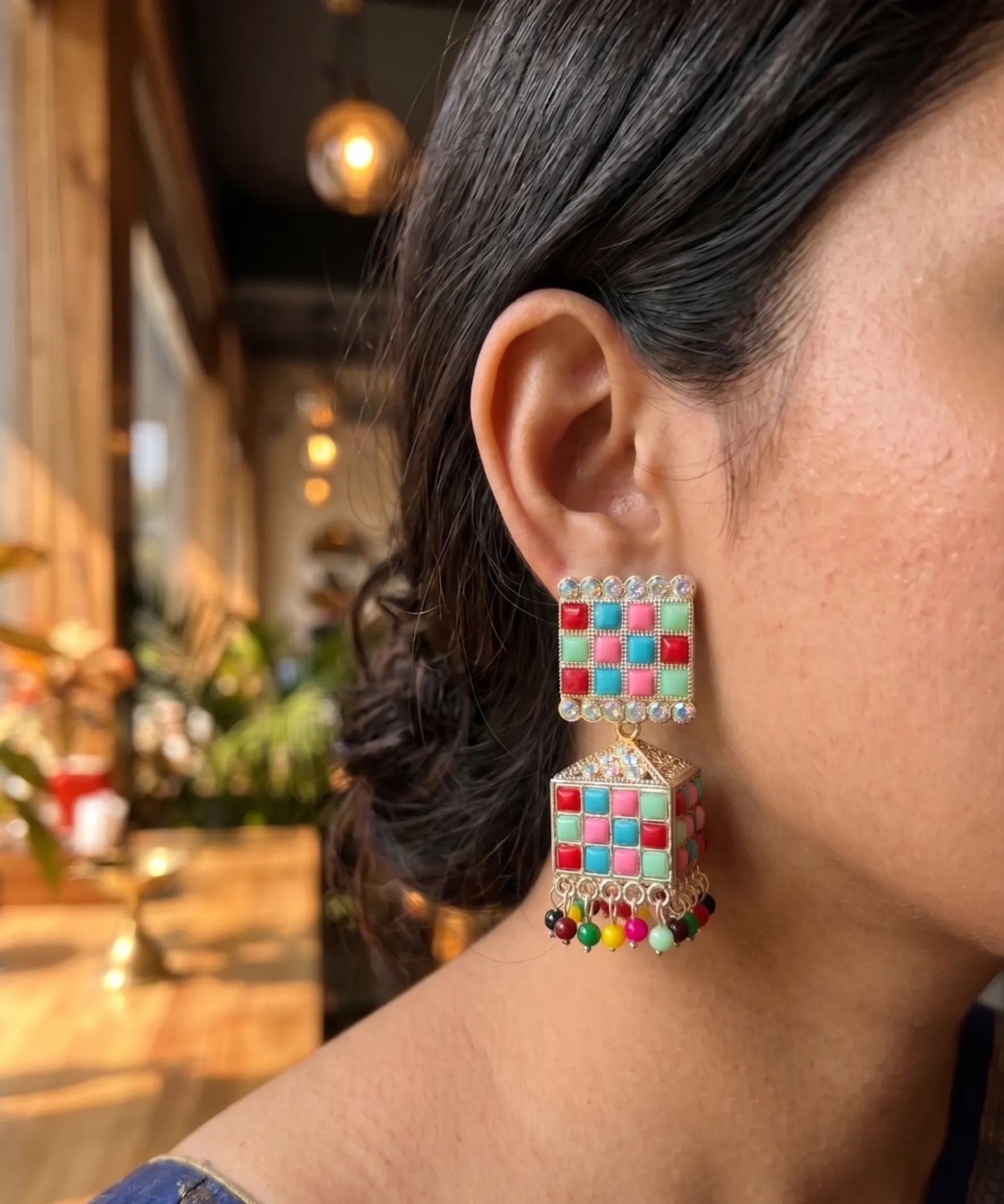 Vibrant Mosaic Multicolor Statement Jhumka Earrings 3 Premium colorful mosaic statement jhumka earrings by Manadh Jewels featuring geometric square studs, cube-shaped danglers, multicolor stone detailing, and traditional handcrafted ethnic design