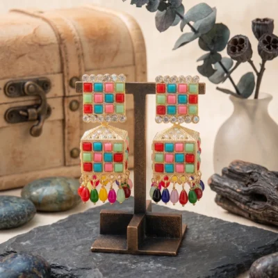 Premium colorful mosaic statement jhumka earrings by Manadh Jewels featuring geometric square studs, cube-shaped danglers, multicolor stone detailing, and traditional handcrafted ethnic design