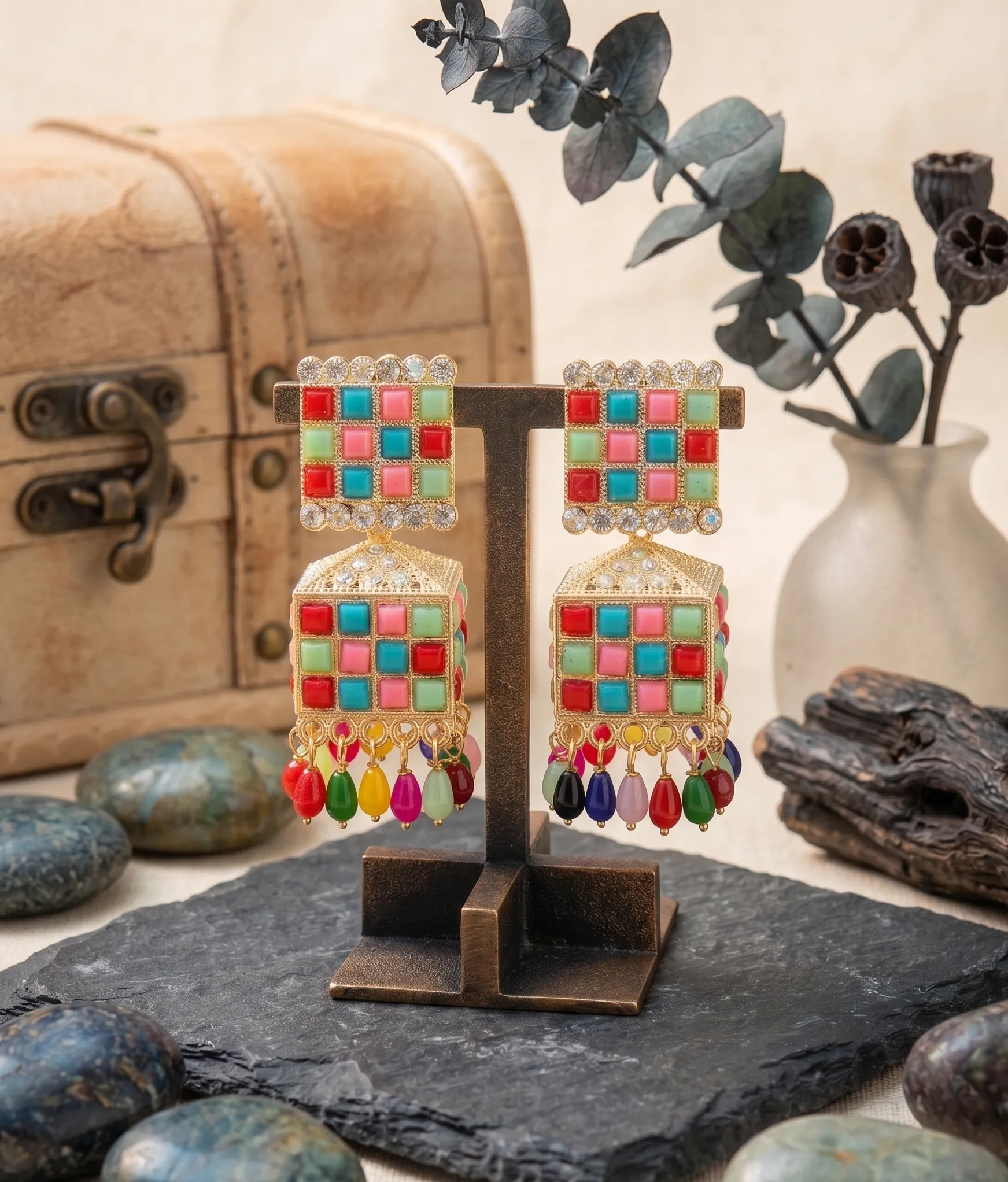 Vibrant Mosaic Multicolor Statement Jhumka Earrings 4 Premium colorful mosaic statement jhumka earrings by Manadh Jewels featuring geometric square studs, cube-shaped danglers, multicolor stone detailing, and traditional handcrafted ethnic design